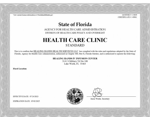 health care clinic certificate